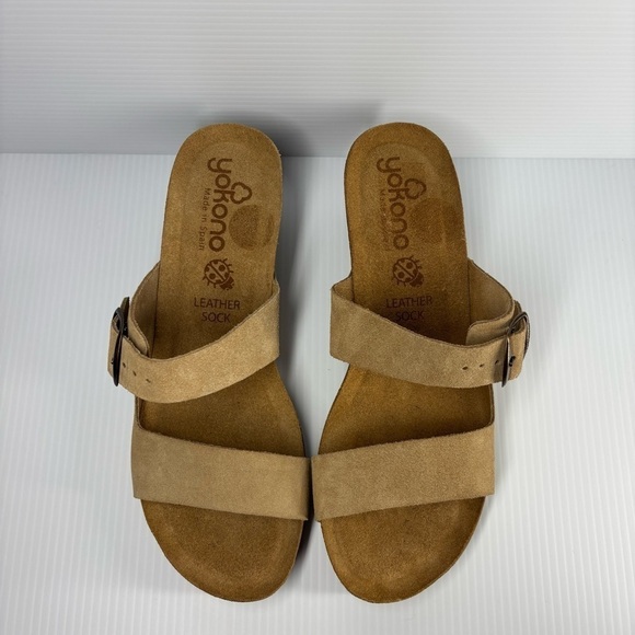 Yokono Sandals Womens 8 Leather Sandals Slip On Cork Wedge Buckle Vacation NEW - Picture 3 of 7